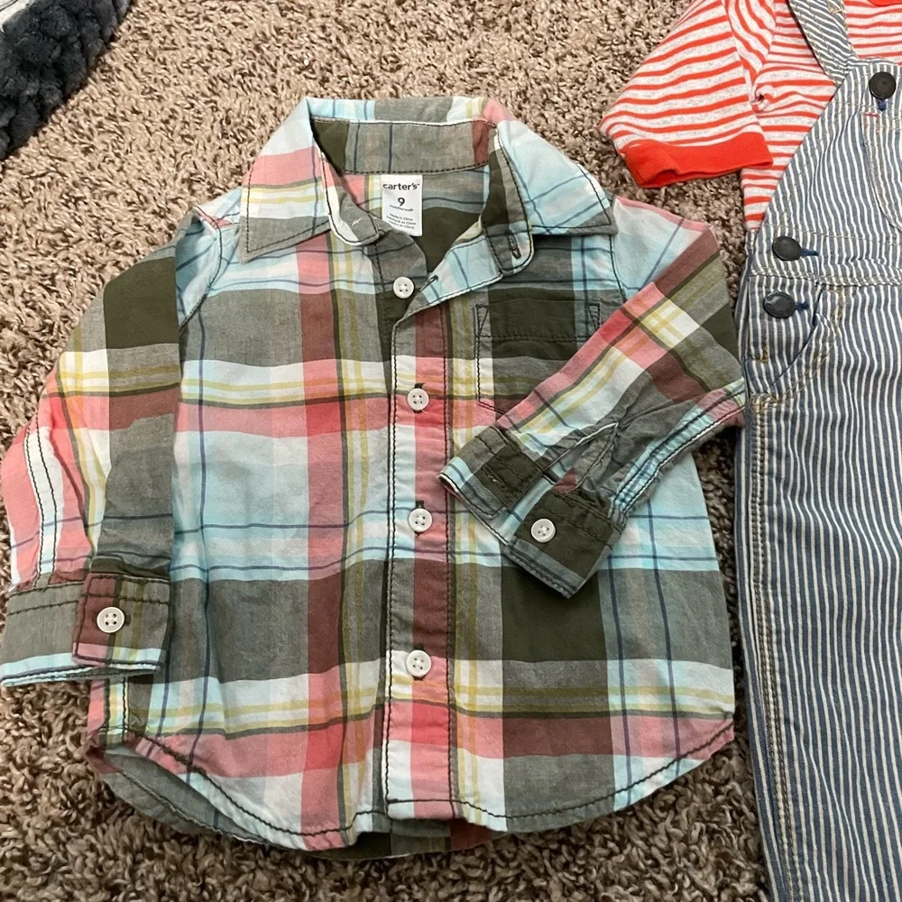 OshKosh B'gosh Blue & White Striped Overalls and 2 Shirts 1 plaid lg sleeves 9 M
